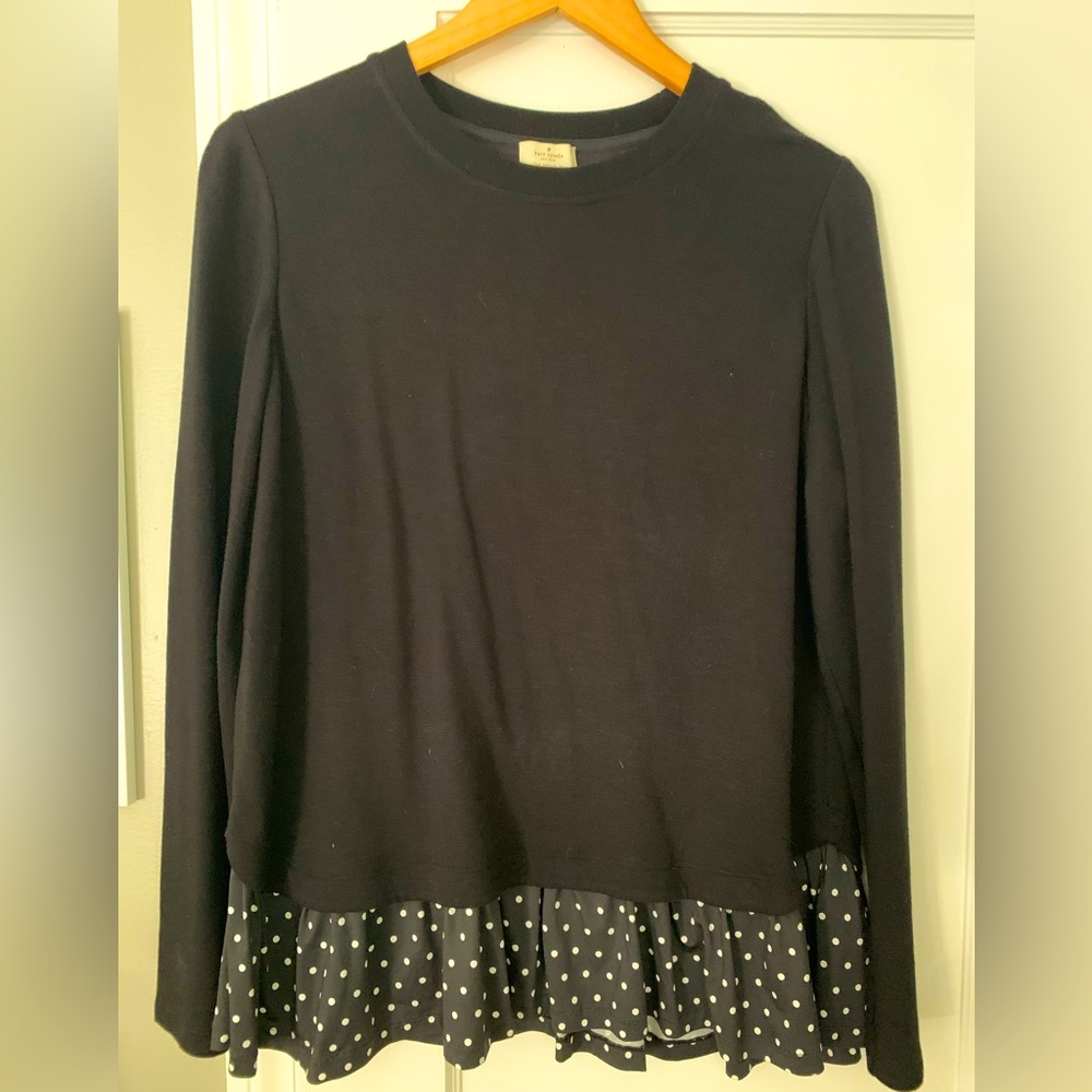 Kate Spade Get Going Long Sleeve Black Top with White Polka Ruffle Trim Top